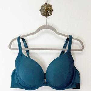 Cacique Teal Boost Molded Cup Plunge Bra Women’s Size 44C Cotton Lace Push Up